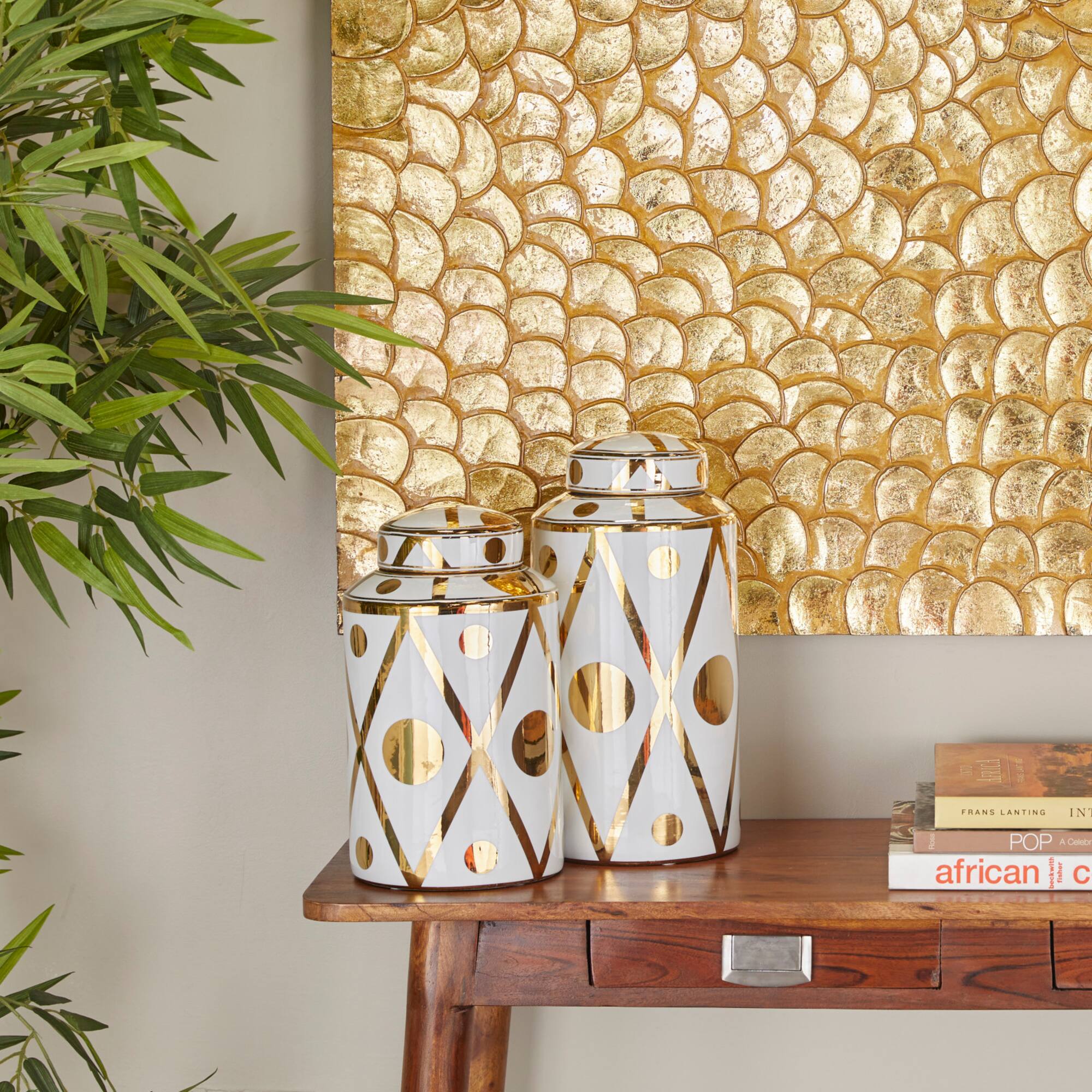 White & Gold Ceramic Geometric Decorative Jars Set